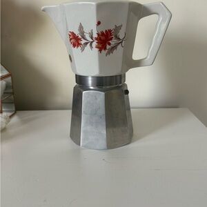 Vintage White and Silver Espresso Maker with Red Floral Design